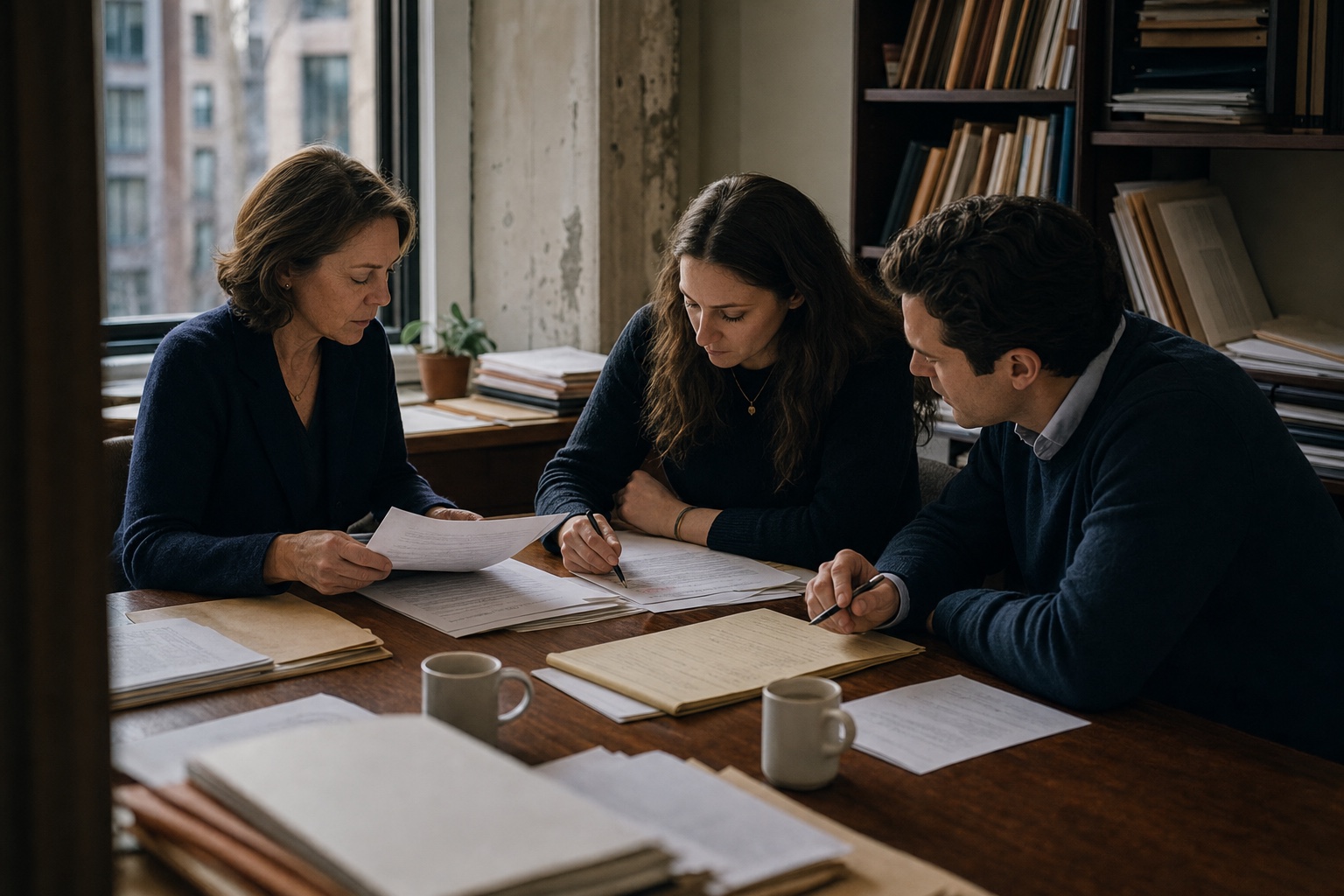 Three legal professionals reviewing transaction documents together in a New York office