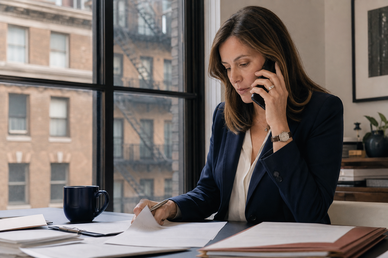 New York real estate attorney speaking with a client while reviewing transaction documents